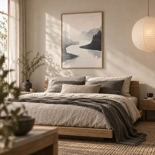 Japanese Ink Wash Painting, framed on the wall of a serene Japandi bedroom