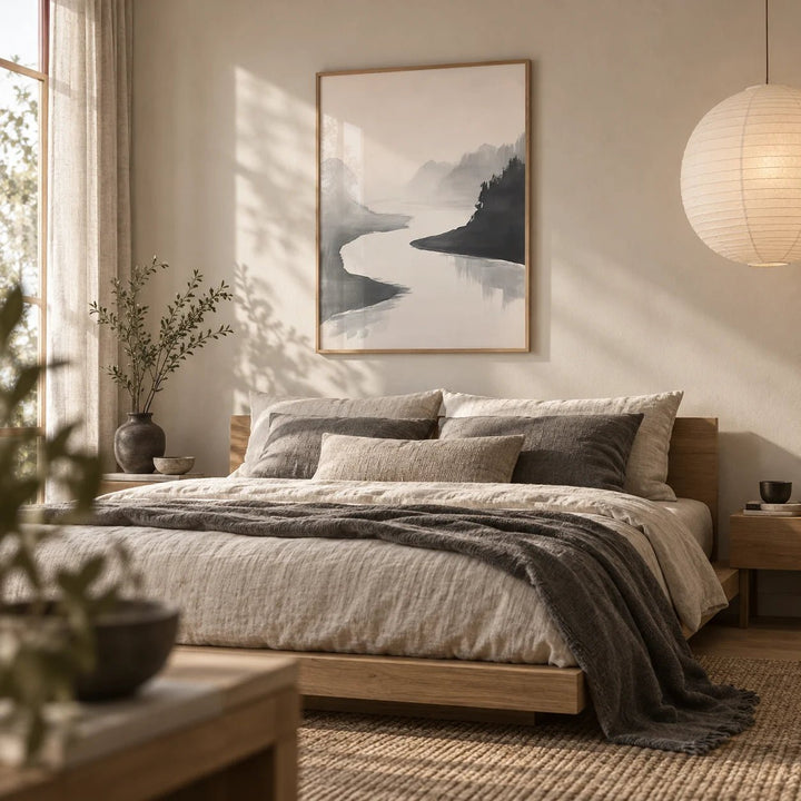 Japanese Ink Wash Painting, framed on the wall of a serene Japandi bedroom