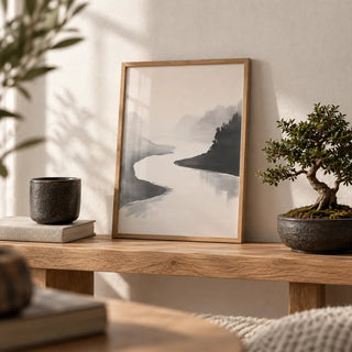 Japanese Ink Wash Painting, a small A4 framed print leaning on a low oak bench in a living room