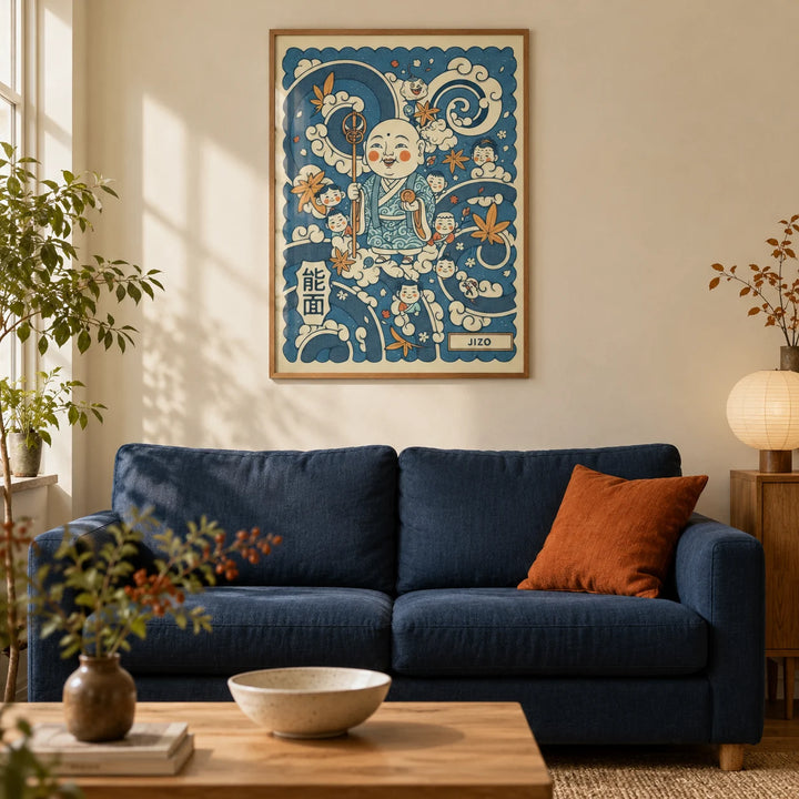 Jizo Art, framed on the wall of a calm Japanese-inspired living room in a UK terraced home with warm cream plaster walls and an oak floor