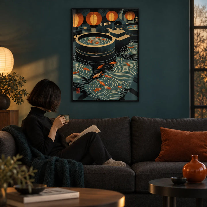 Japanese Koi Art Print, framed on the wall of a Japanese-modern living room with a deep teal painted wall