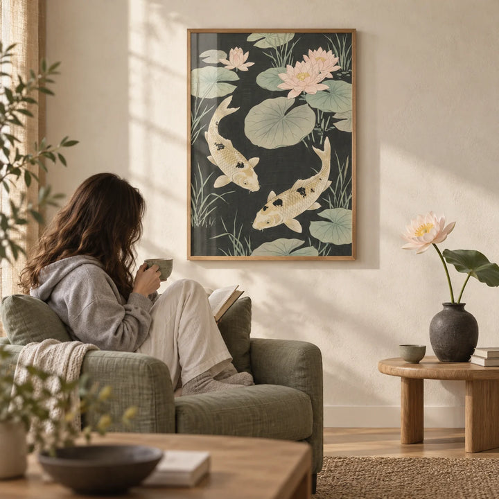 Japanese Koi Carp Art, framed on the wall of a calm Japandi living room with a warm white limewashed wall