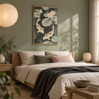 Japanese Koi Carp Art, framed on the wall of a serene Japandi bedroom with a sage green wall