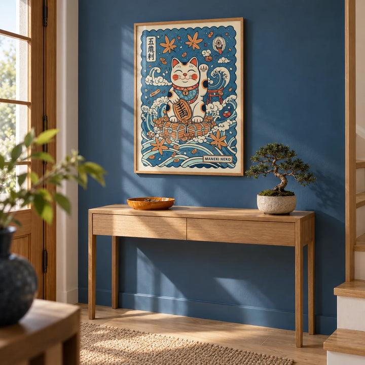 Lucky Cat Print, framed on the wall of a Japanese-modern entrance hall with a denim blue painted wall and pale oak floorboards