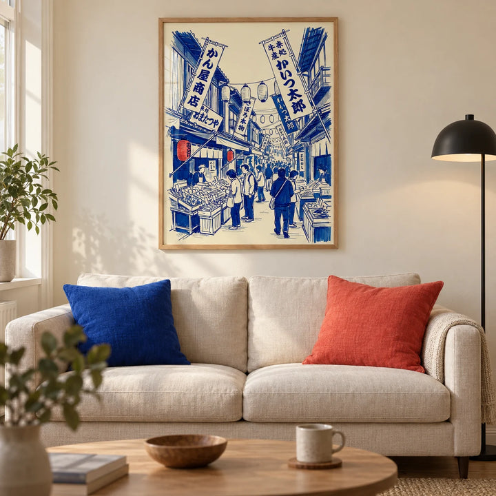 Japanese Market Art Print, framed on the wall of a modern living room in a UK city flat with warm cream plaster walls and an oak floor