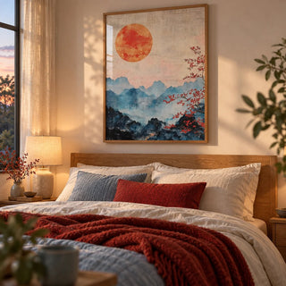Japanese Mountain Art, framed on the wall of a cosy bedroom at dusk