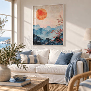 Japanese Mountain Art, framed on the wall of a light coastal living room