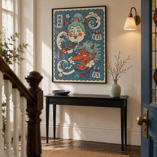 Japanese Mythology Art, framed on the wall of a characterful entrance hallway in a UK terrace with warm white plaster walls and a dark wood floor