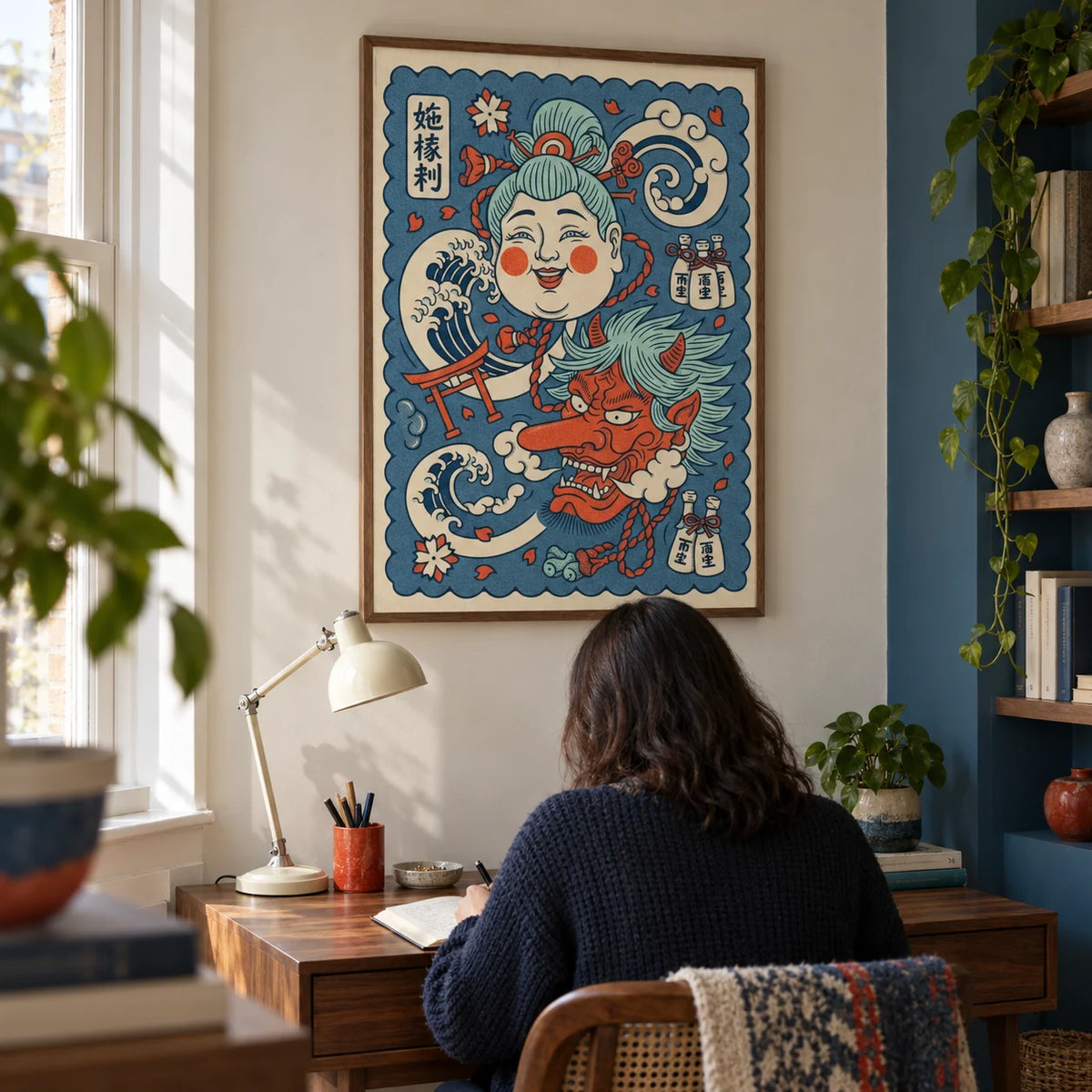 Japanese Mythology Art, framed on the wall of a compact study in a UK flat with a cream wall and a blue painted alcove