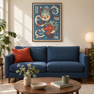 Japanese Mythology Art, framed on the wall of a design-led living room in a UK city flat with a warm cream wall and walnut floor