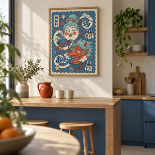 Japanese Mythology Art, framed on the wall of a modern flat kitchen with plain blue cabinets