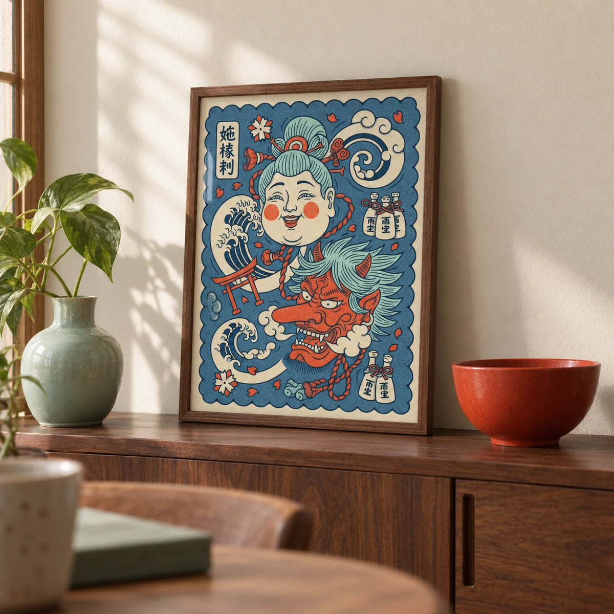Japanese Mythology Art, a small A4 framed print leaning on a walnut sideboard in a living room
