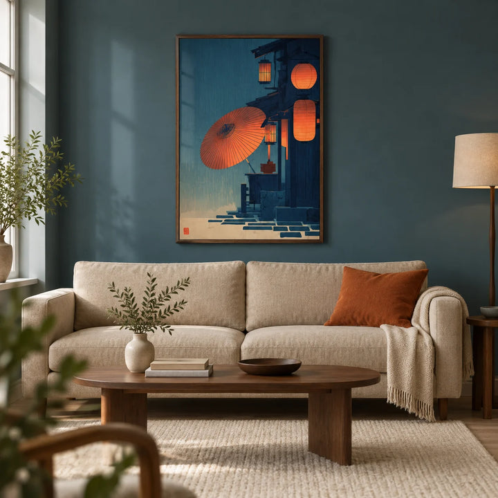 Japanese Night Scene Wall Art, framed on the wall of a design-led living room in a UK city flat with a muted teal wall and pale oak flooring