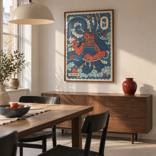 Japanese Oni Mask Print, framed on the wall of a compact modern dining room in a renovated UK terrace with warm white plaster walls and a pale concrete floor
