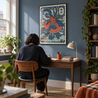 Japanese Oni Mask Print, framed on the wall of a design-conscious home study in a UK flat with a muted blue wall and pale timber floor