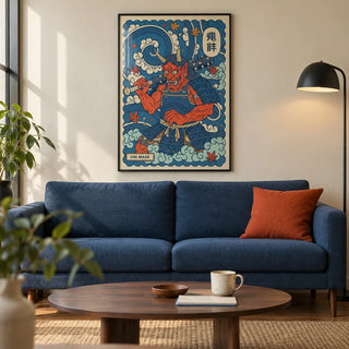 Japanese Oni Mask Print, framed on the wall of a modern living room in a UK city flat with a warm cream wall