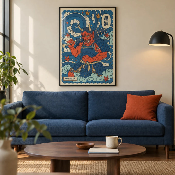 Japanese Oni Mask Print, framed on the wall of a modern living room in a UK city flat with a warm cream wall