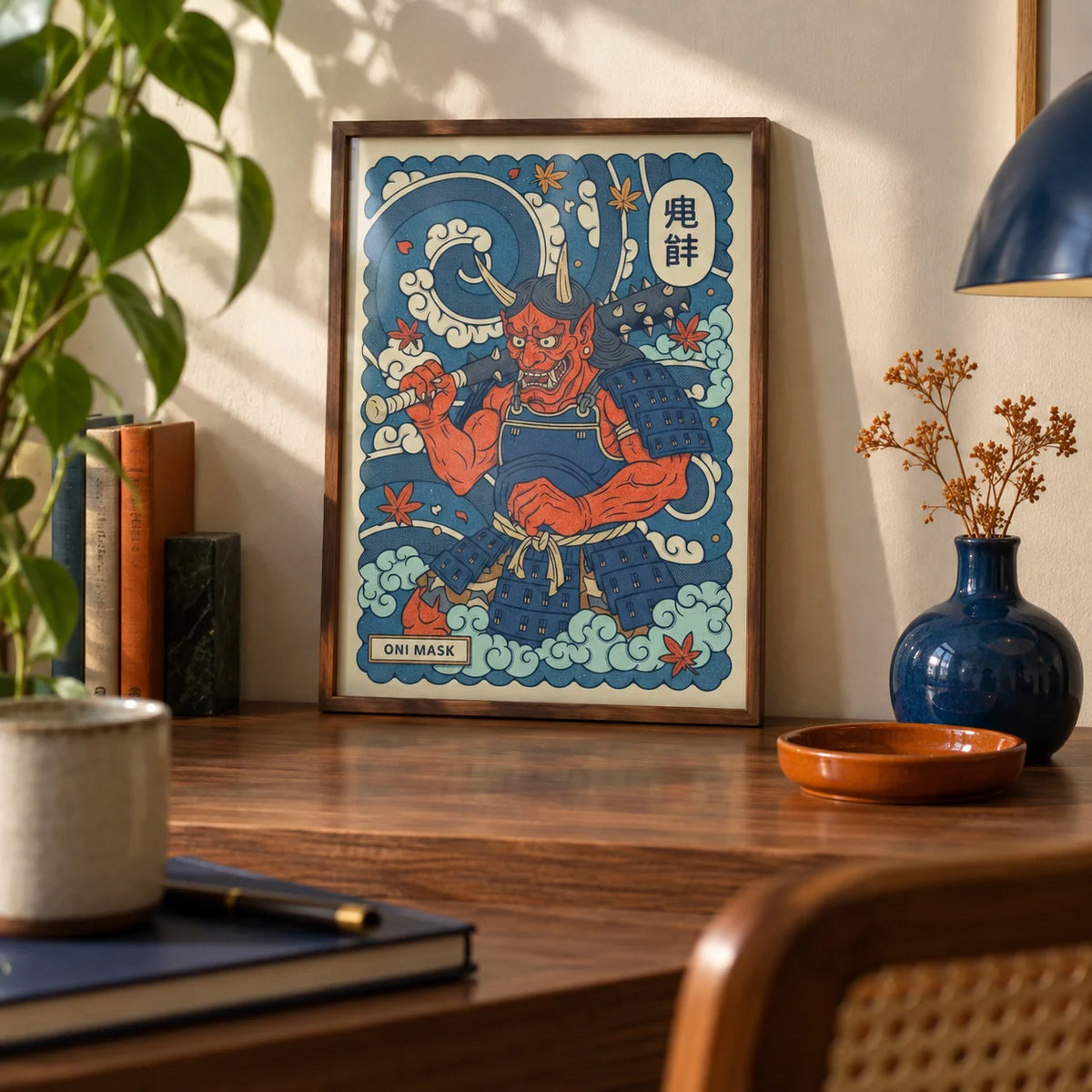 Japanese Oni Mask Print, a small A4 framed print leaning on a walnut desk