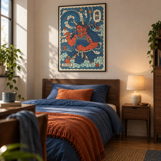 Japanese Oni Mask Print, framed on the wall of a young adult's single bedroom in a first UK flat (22-28) with a warm white wall and walnut furniture