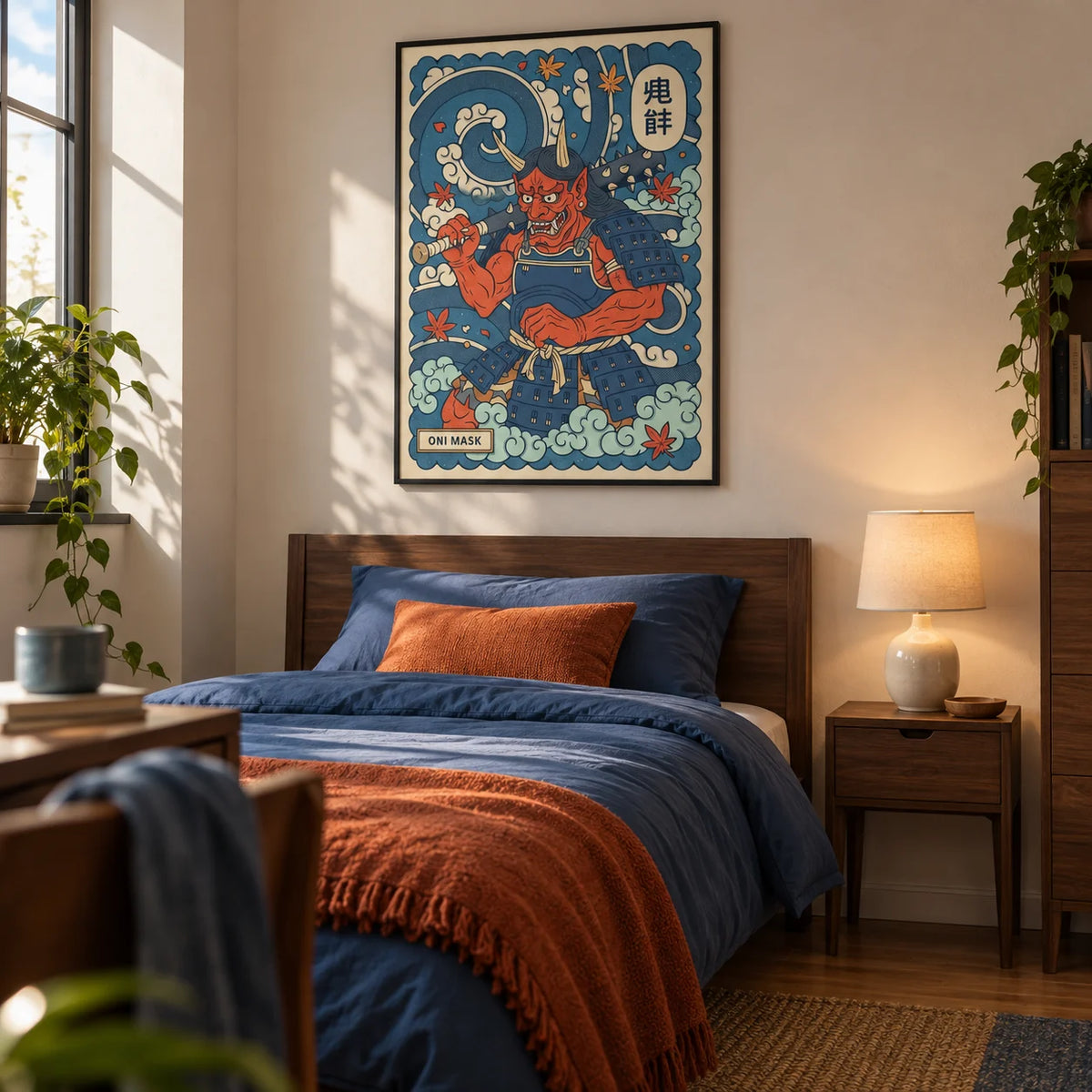 Japanese Oni Mask Print, framed on the wall of a young adult's single bedroom in a first UK flat (22-28) with a warm white wall and walnut furniture