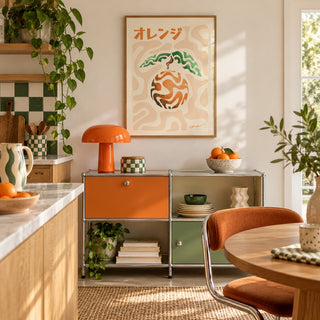 Japanese Orange Poster hung above a retro sideboard in a kitchen dining area (frame not included)