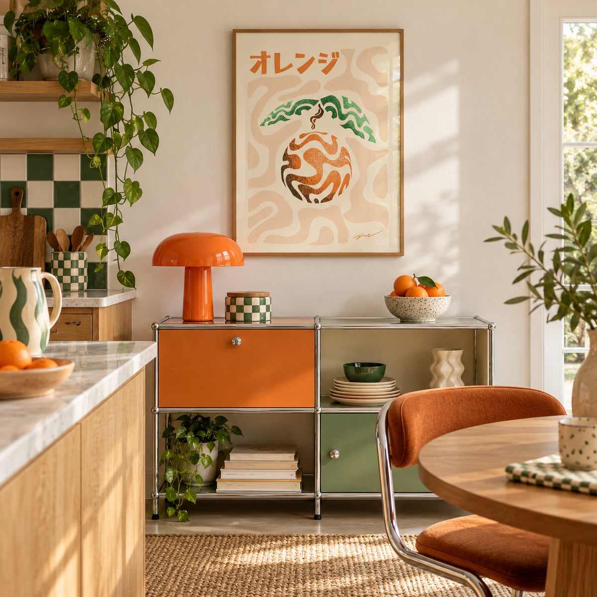 Japanese Orange Poster hung above a retro sideboard in a kitchen dining area (frame not included)