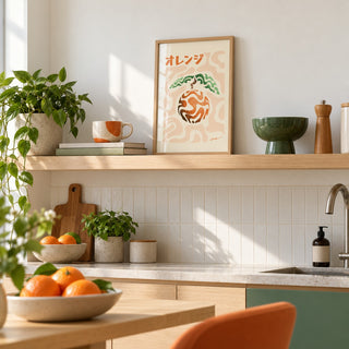 Japanese Orange Poster in the small A4 size, leaning on a kitchen shelf (frame not included)