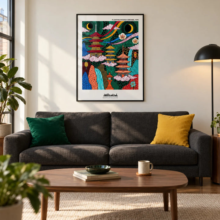 Japanese Pagoda Wall Art, framed on the wall of a modern living room in a UK city flat with a warm white wall
