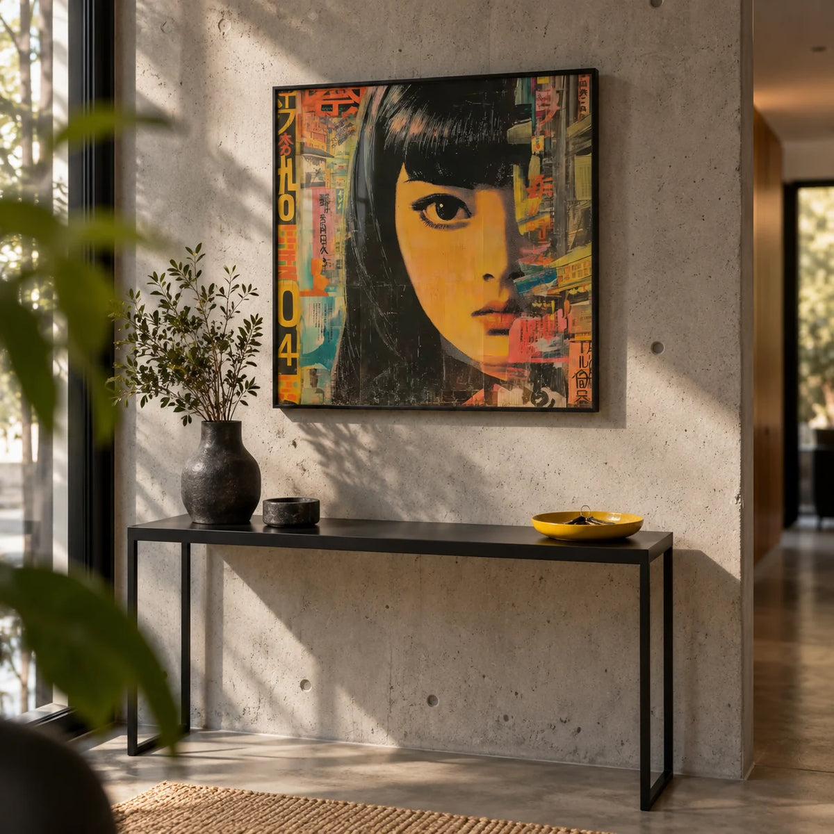 Japanese Pop Art, framed on the wall of a modern hallway with a concrete wall