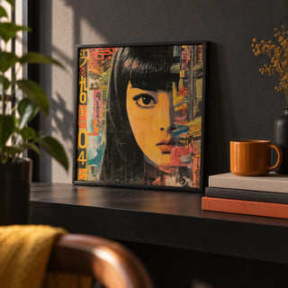 Japanese Pop Art, a small A4 framed print leaning on a black shelf in a living room