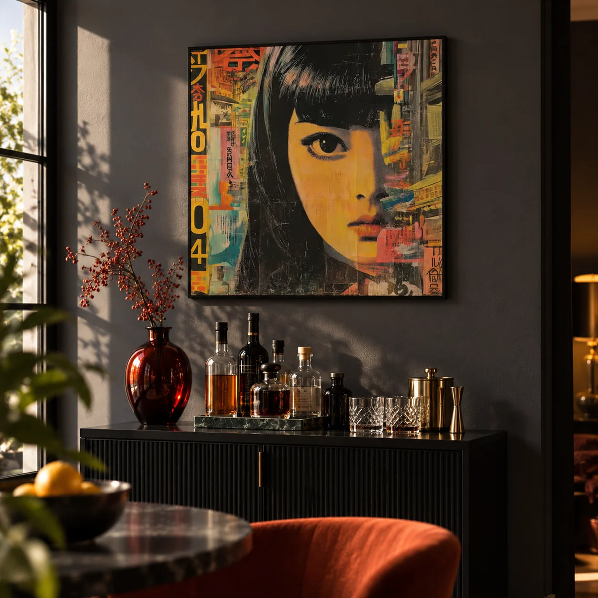 Japanese Pop Art, framed on the wall of a small home bar corner with a dark grey wall in a living room