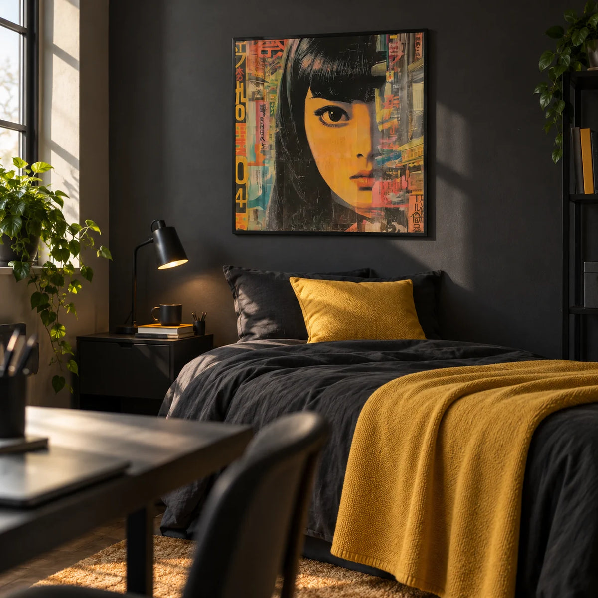 Japanese Pop Art, framed on the wall of a stylish single bedroom for a male student or graduate (18-25) with a charcoal wall