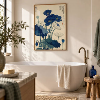 Japanese Poppy Wall Art, framed on the wall of a calm bathroom with warm white walls