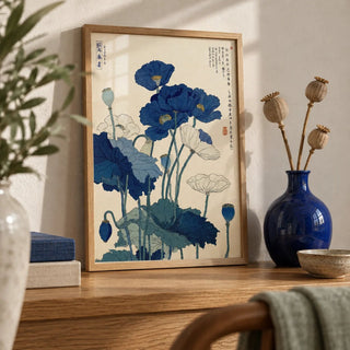 Japanese Poppy Wall Art, a small A4 framed print leaning on an oak shelf in a living room