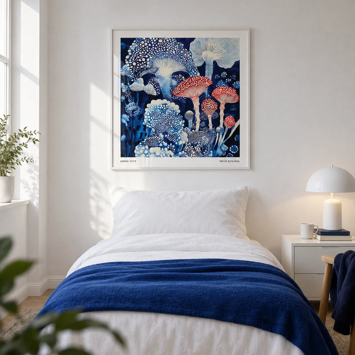 Japanese Poster, framed on the wall of a modern single bedroom in a first flat (22-28) with a white wall