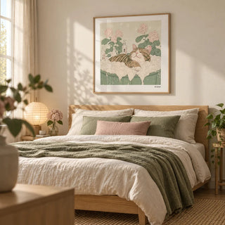 Japanese Posters, framed on the wall of a calm bedroom