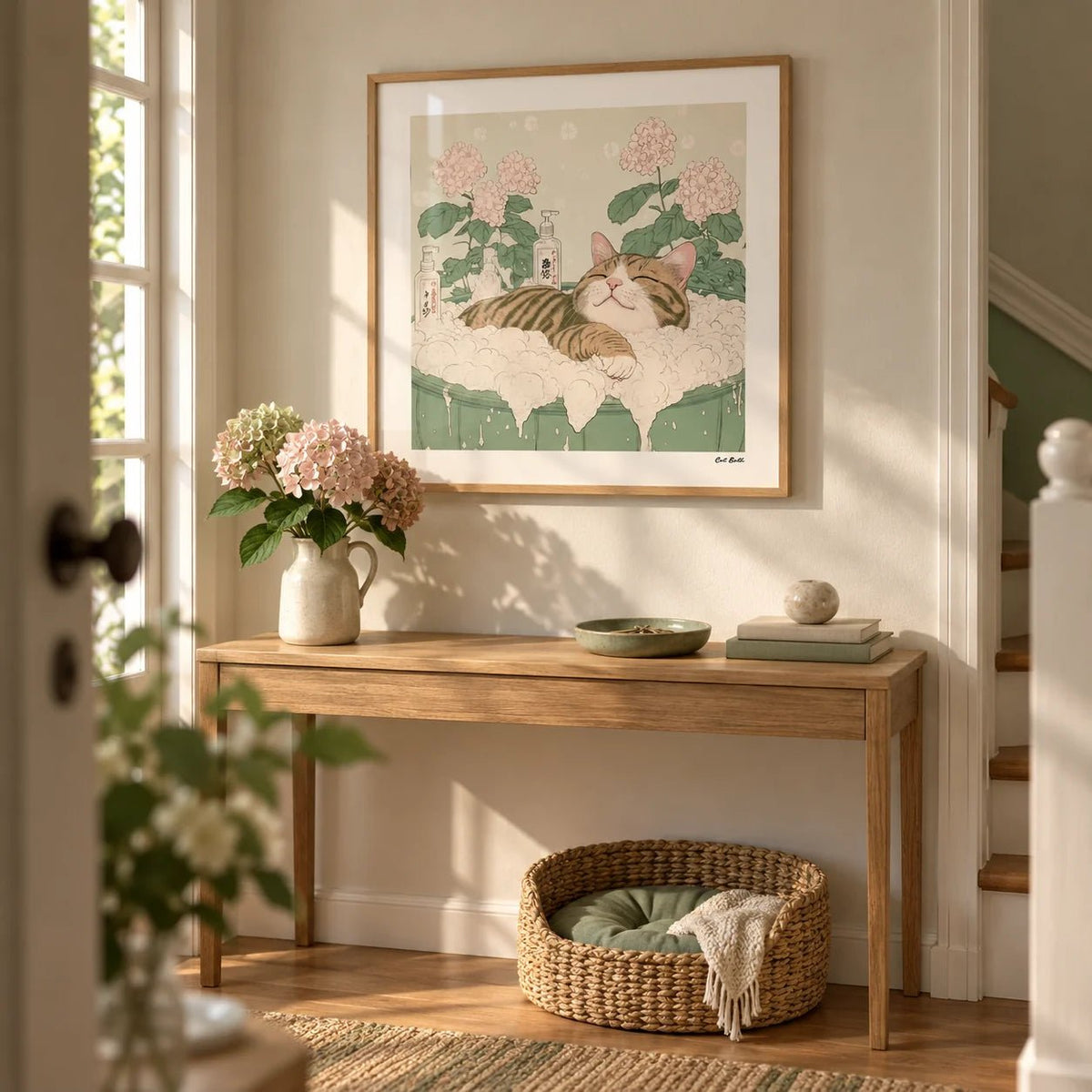 Japanese Posters, framed on the wall of a cosy hallway