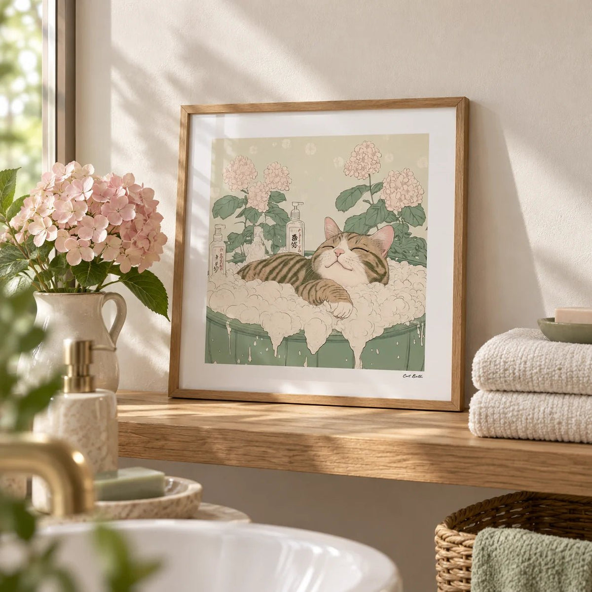 Japanese Posters, a small A4 framed print leaning on an oak bathroom shelf