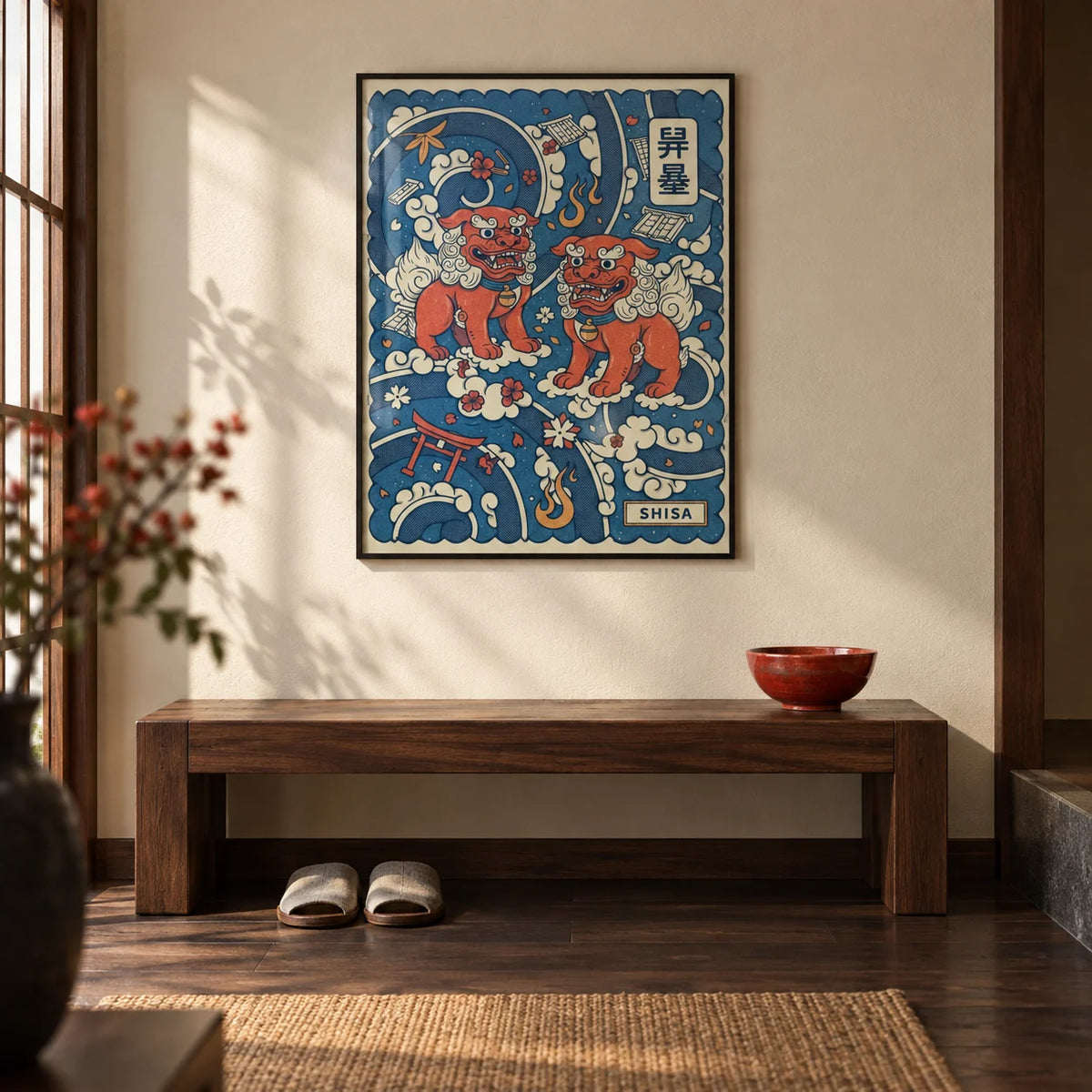 Shisa Art, framed on the wall of a Japanese-modern entrance hall with dark wood floorboards and a cream plaster wall