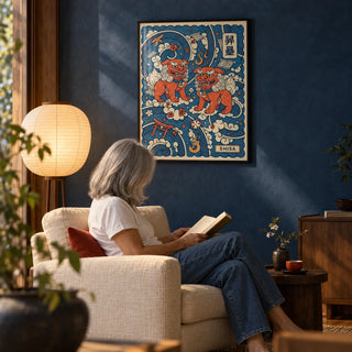 Shisa Art, framed on the wall of a Japanese-modern living room with a deep indigo blue limewashed wall