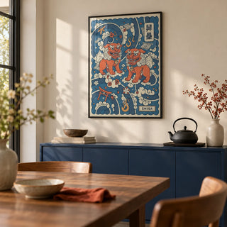 Shisa Art, framed on the wall of a modern dining room with a cream wall