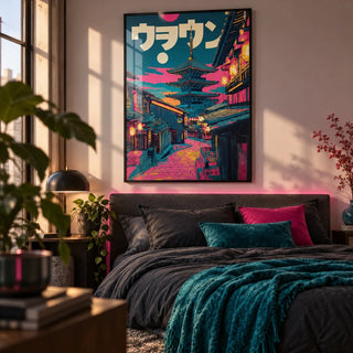 Japanese Street Art Prints, framed on the wall of a stylish young adult's bedroom