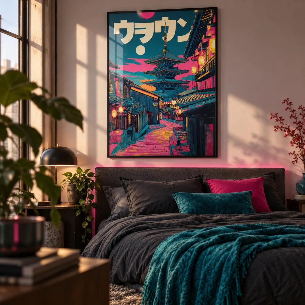 Japanese Street Art Prints, framed on the wall of a stylish young adult's bedroom
