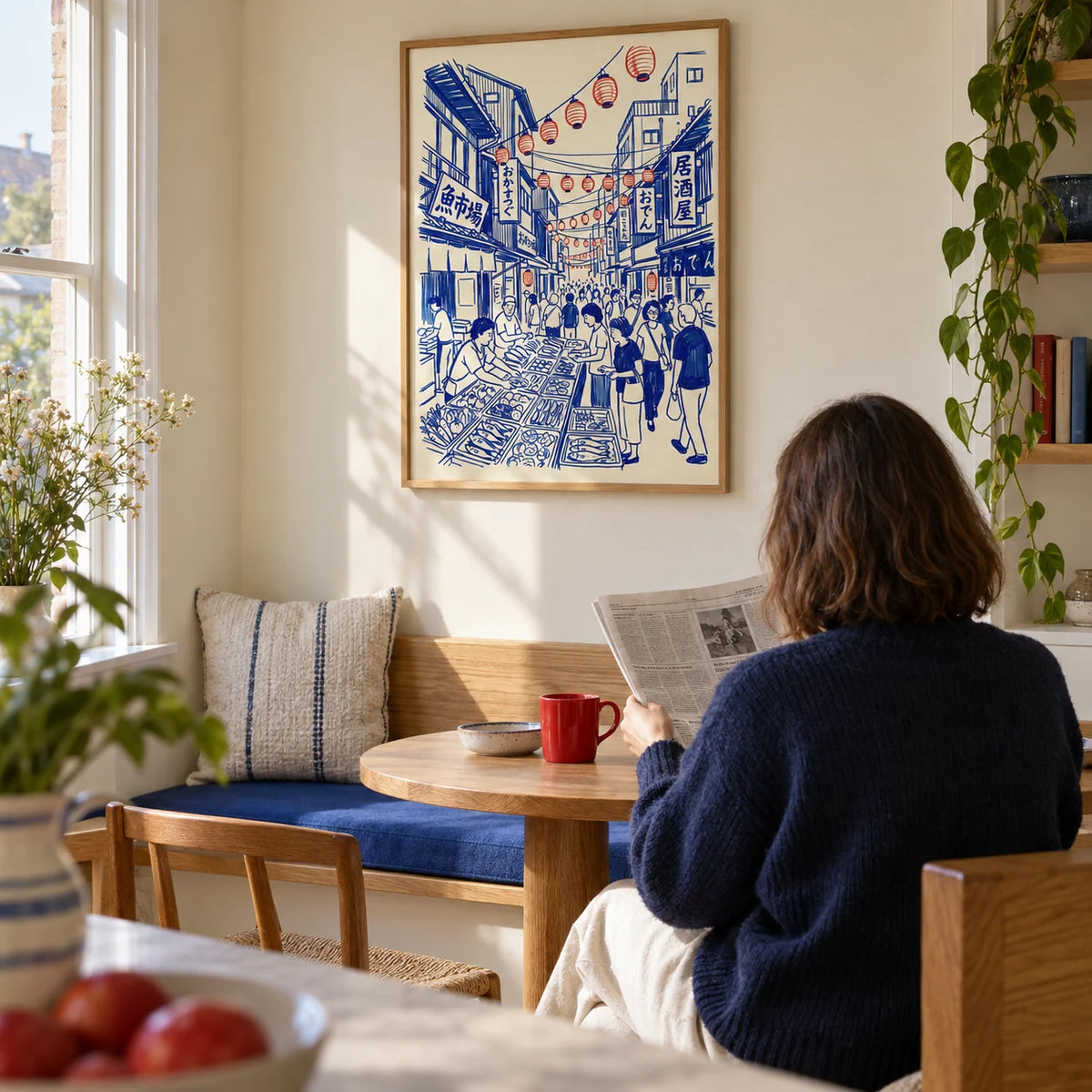 Japanese Street Market Art, framed on the wall of a bright breakfast nook in a UK maisonette with a cream wall and a built-in oak bench in a kitchen