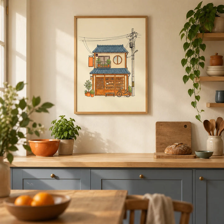 Japanese Style Art Print, framed on the wall of a warm Japanese-inspired kitchen in a UK terraced home with cream plaster walls