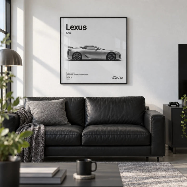 Japanese Supercar Poster, framed on the wall of a modern games room in a loft conversion with a white wall in a living room