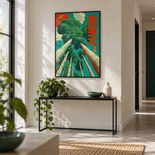 Japanese Tree Poster, framed on the wall of a crisp modern hallway