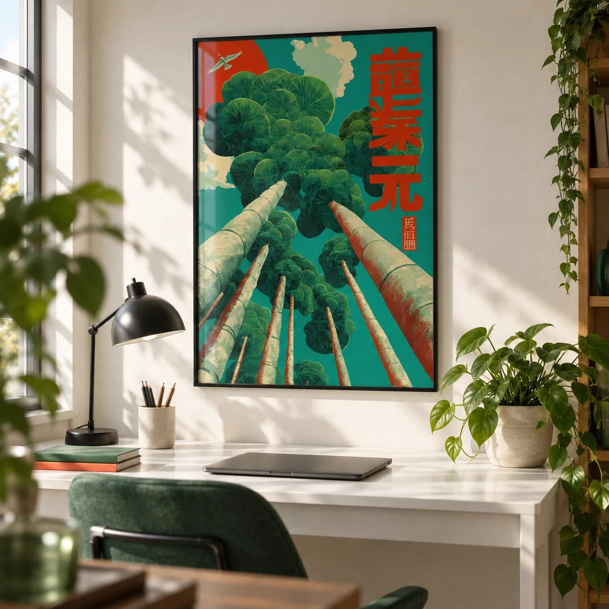 Japanese Tree Poster, framed on the wall of a design-led home office
