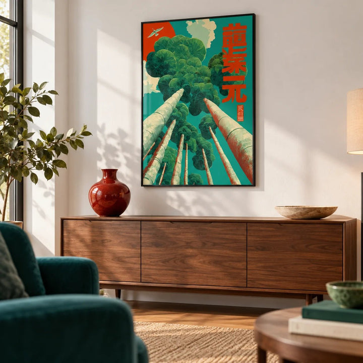 Japanese Tree Poster, framed on the wall of a modern city-flat living room