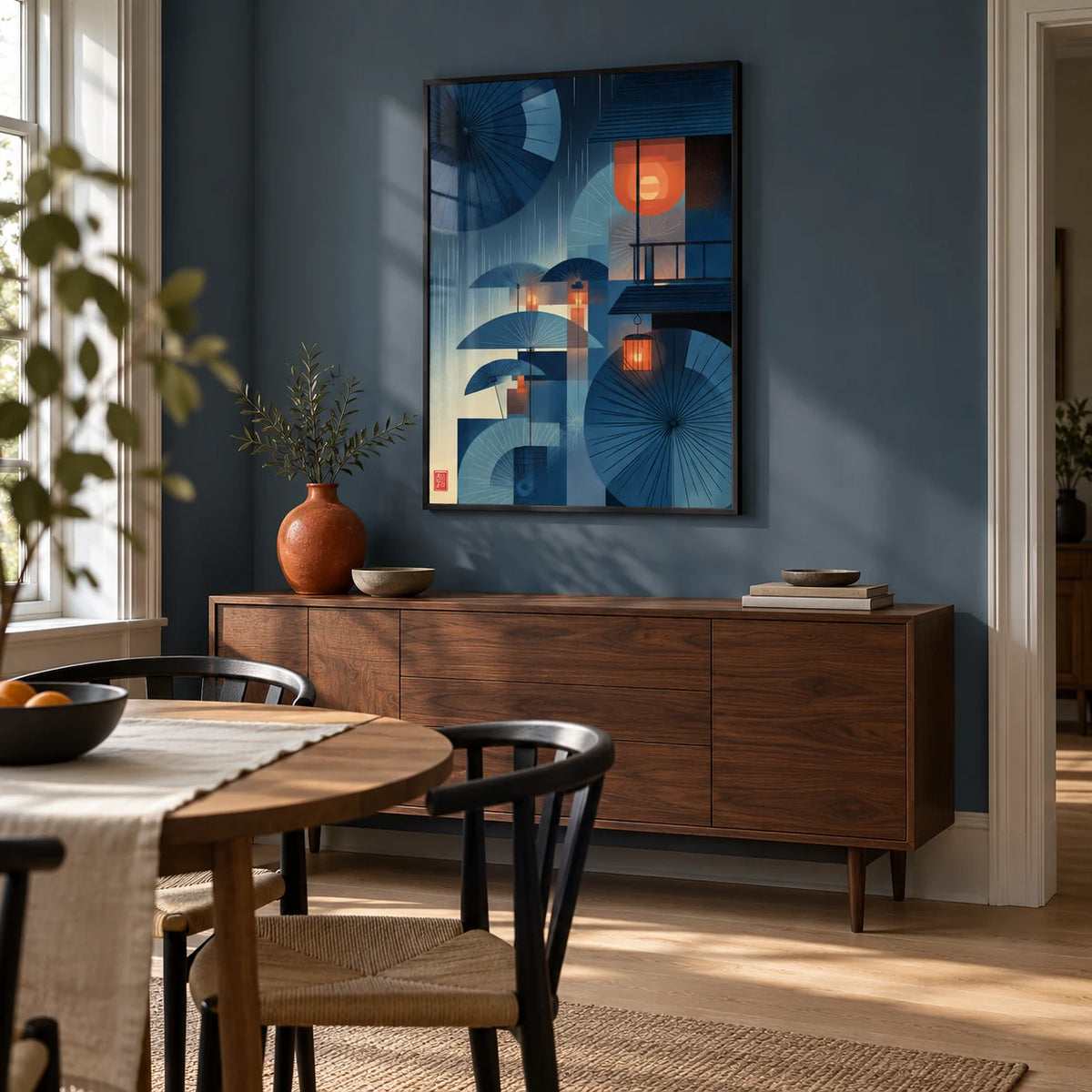 Japanese Umbrella Wall Art, framed on the wall of a compact modern dining room in a Victorian terrace with a muted blue wall and pale oak floor